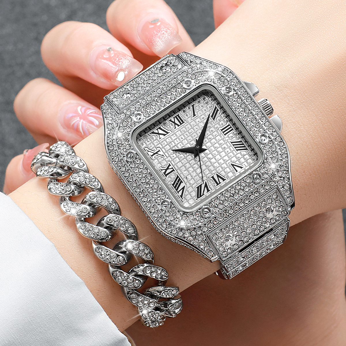 2PCS Iced Out Square Watch & C - Jewelry Clasp Watches avis et prix
