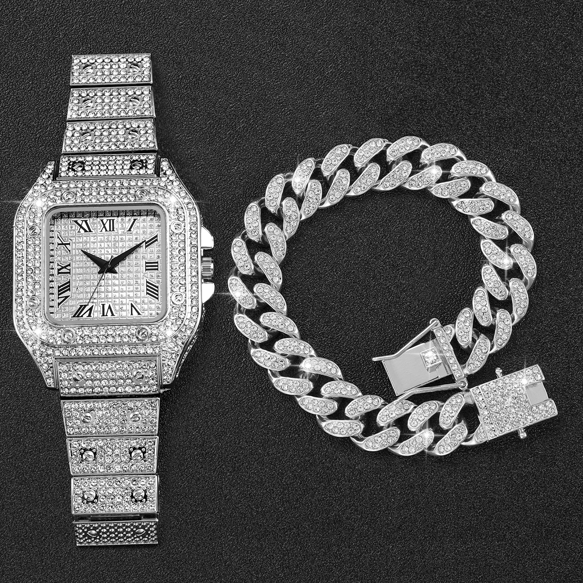 2PCS Iced Out Square Watch & C - Jewelry Clasp Watches avis et prix
