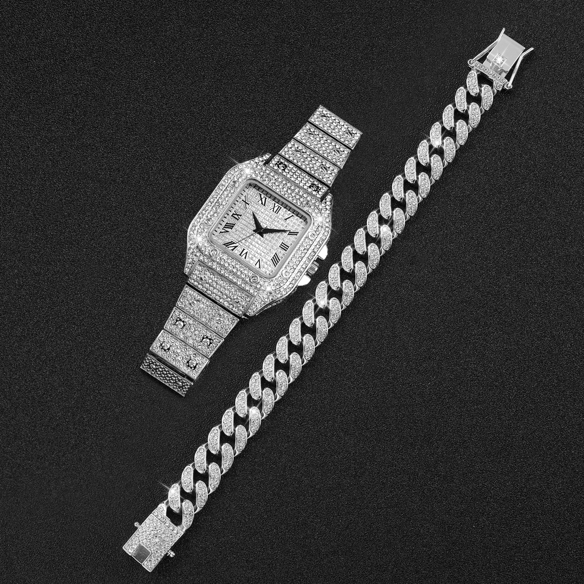 2PCS Iced Out Square Watch & C - Jewelry Clasp Watches avis et prix