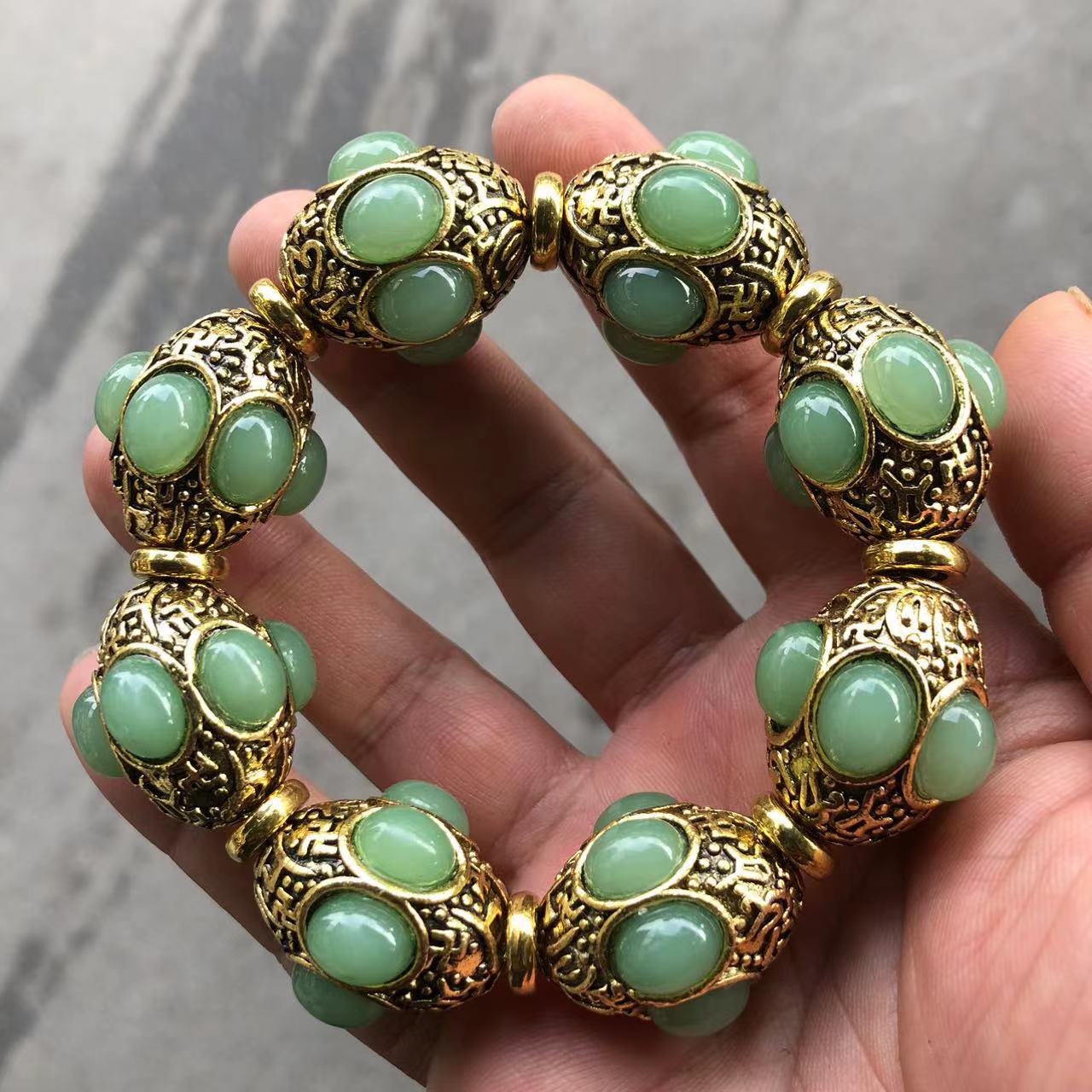 Vintage Bronze Inlaid Green Ja - Gemstone Bracelet Healing avis et prix