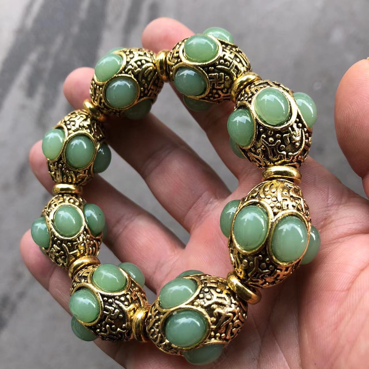 Vintage Bronze Inlaid Green Ja - Gemstone Bracelet Healing avis et prix