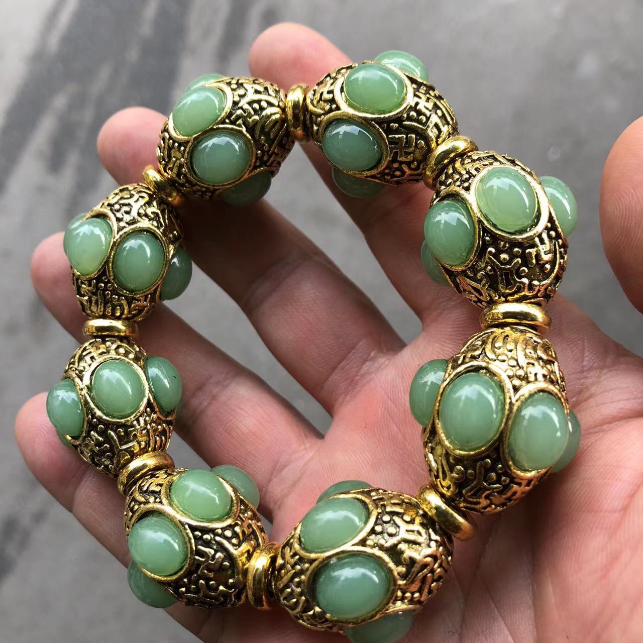 Vintage Bronze Inlaid Green Ja - Gemstone Bracelet Healing avis et prix